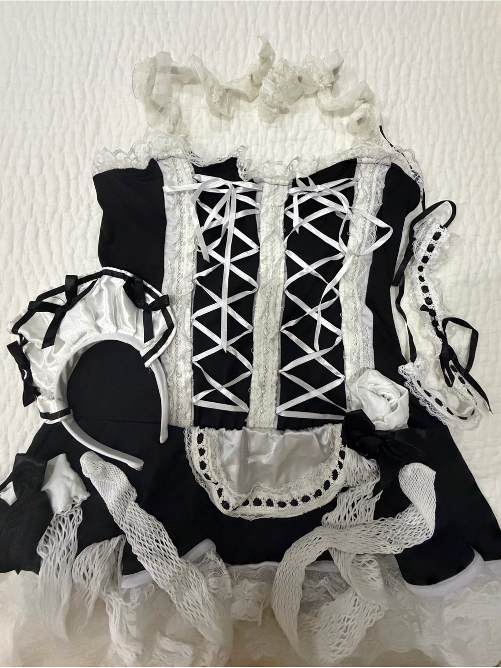 Black & White Women's Maid Costume Dress with Lace-Up Front